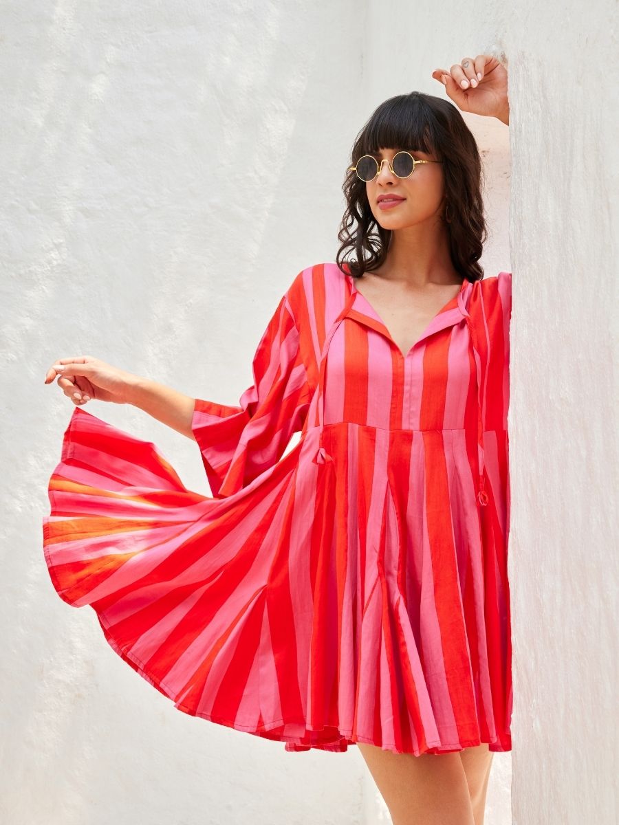 Indibelle Solid Pink Colour Cotton Pleated Midi Dress