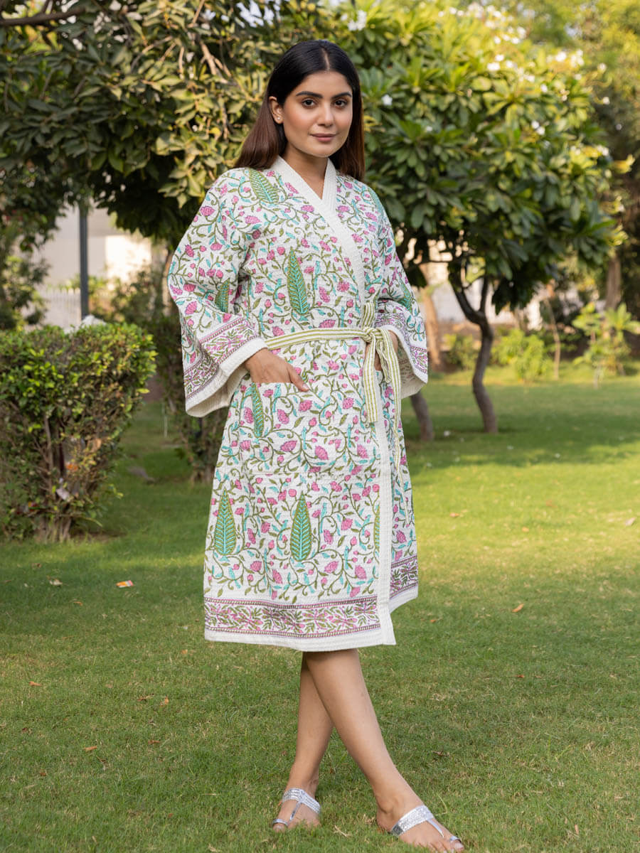 Green, Turquoise and Pink Hand Block Print Waffle Cotton Bath Robe ...
