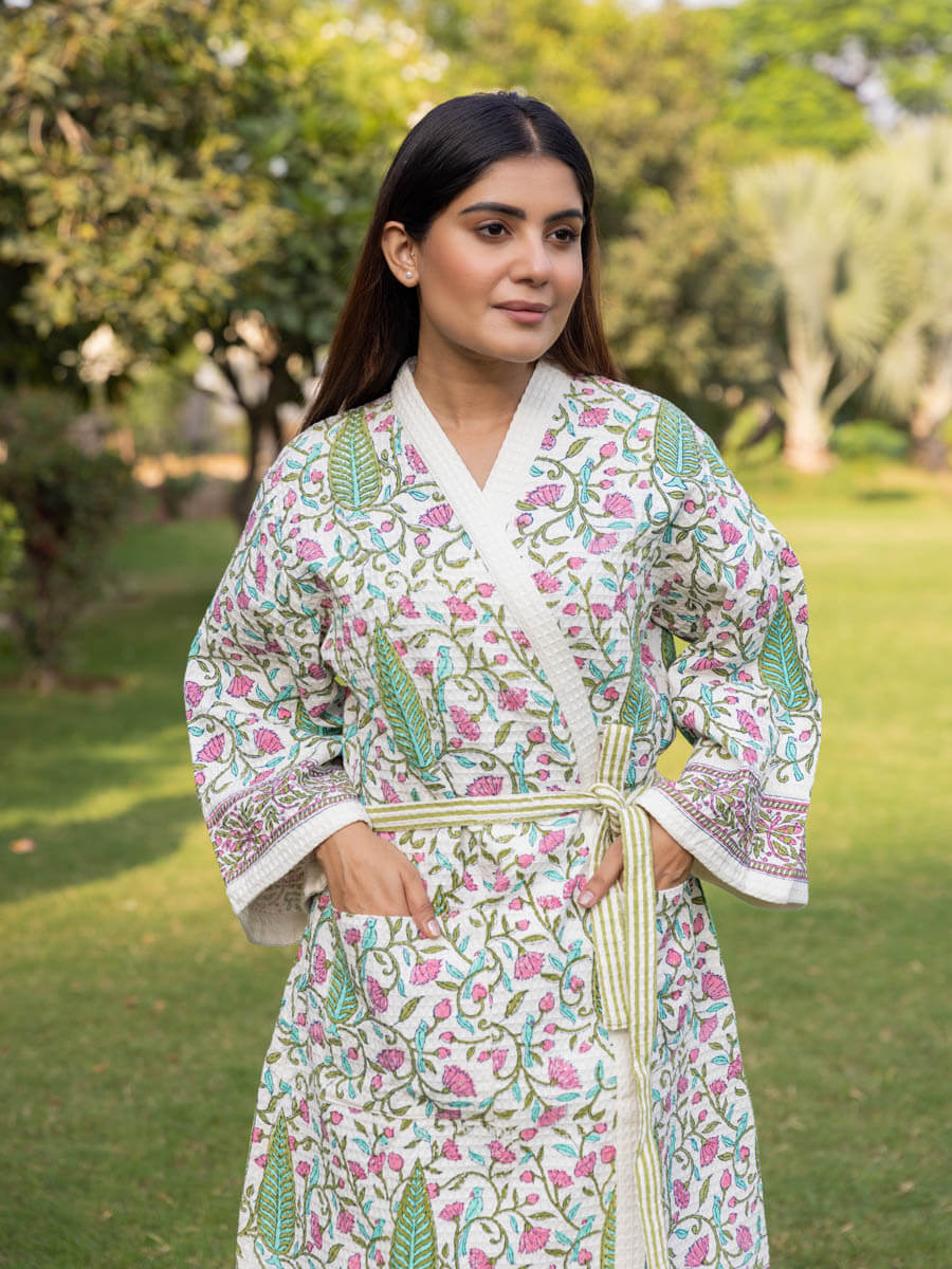 Green, Turquoise and Pink Hand Block Print Waffle Cotton Bath Robe ...