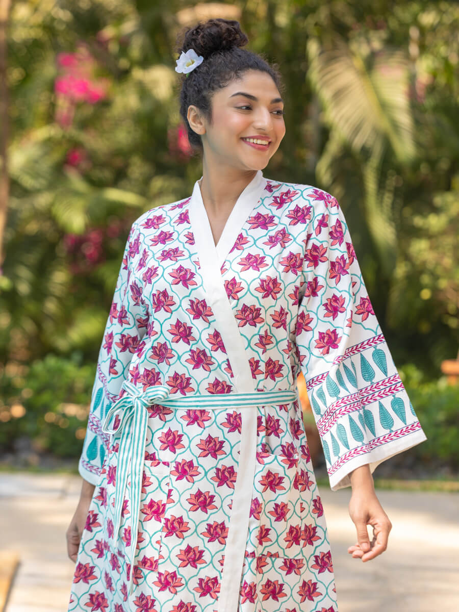 Laila Hand Block Print Luxury Cotton Robe Pinklay