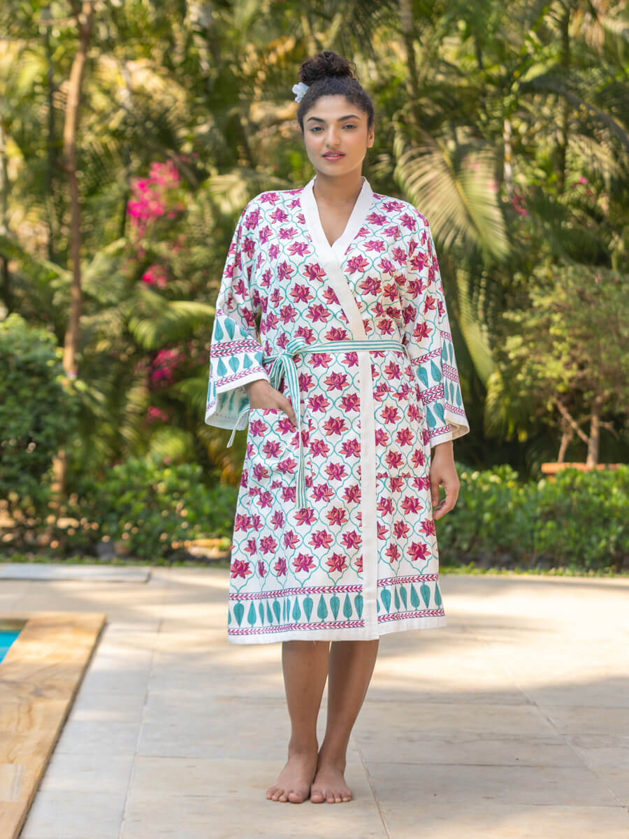 Laila Hand Block Print Luxury Cotton Robe Pinklay