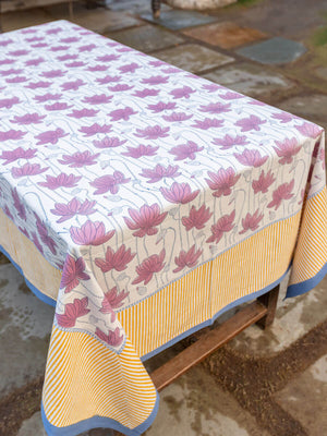 Purple Lotus Hand Block Print Cotton Table Cover - Pinklay