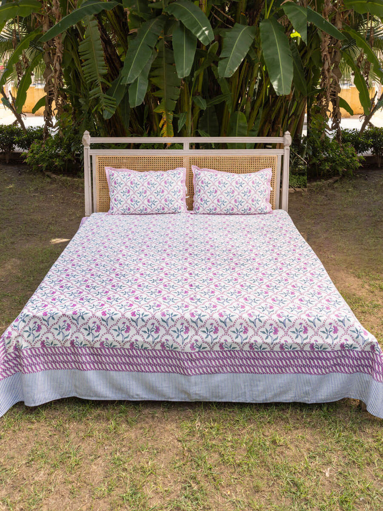 Champakali Block Printed Cotton Bedsheet - Pinklay