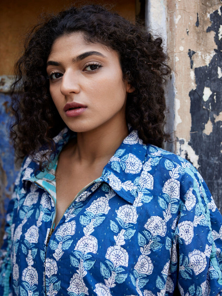 Freddie Kantha Embroidered Block Printed Bomber Jacket Pinklay