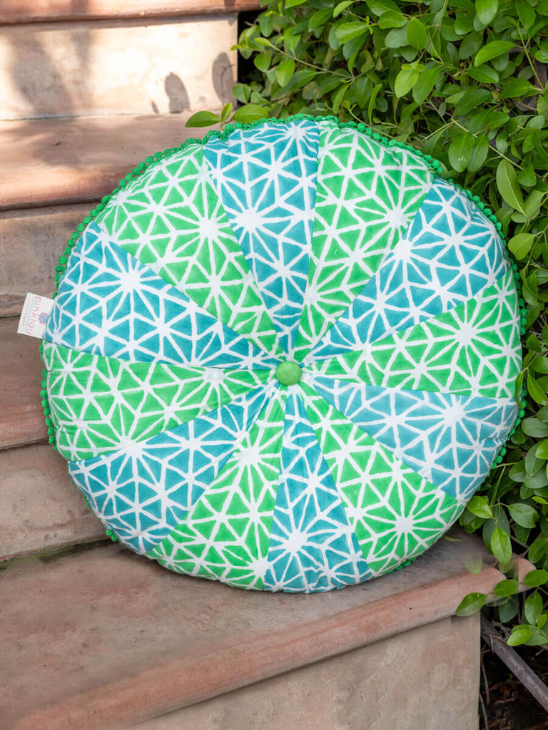 Garima Block Printed Cotton Pinwheel Cushion With Filler - 16 Inch - Pinklay