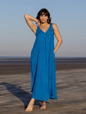 Ibiza Solid Blue Sleeveless Dress - Pinklay