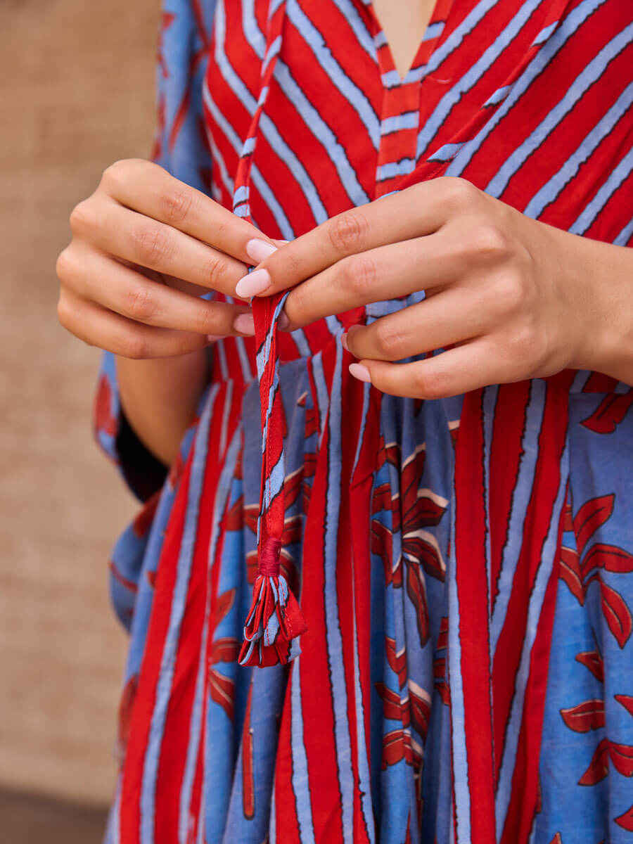 Red & Blue Cotton Women Midi Dress S Red & Blue Cotton Women Midi Dress S