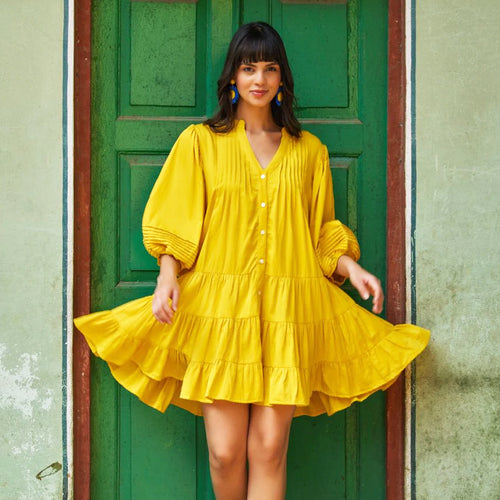 Yellow Cotton Midi Dress - Pinklay