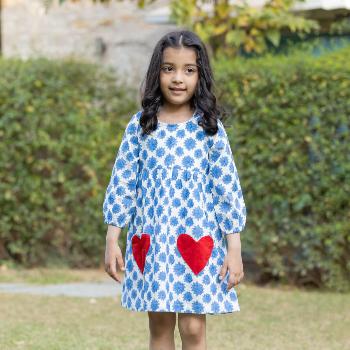 Blue and White Organic Cotton Pocket Dress for Girls - Pinklay