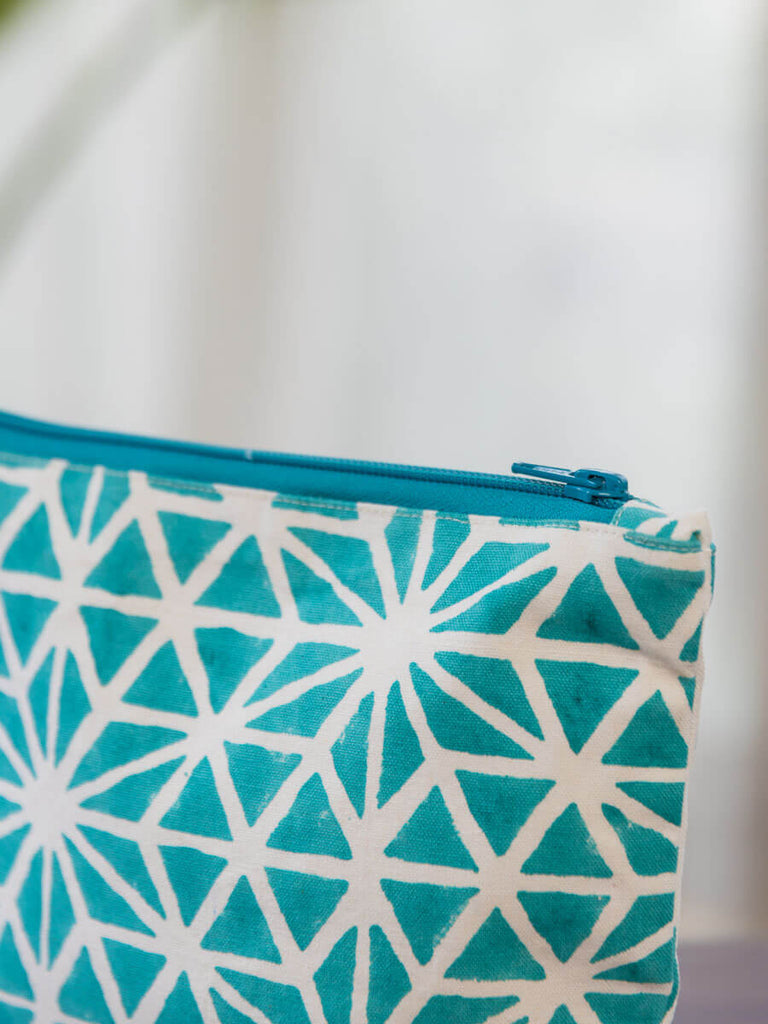 Blue Star Hand Block Print Cotton Travel Pouch - Pinklay