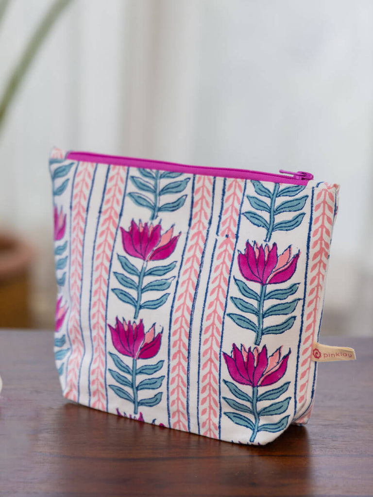 Set of 2 - Lotus Love Block Printed Vanity Case and Travel Pouch - Pinklay