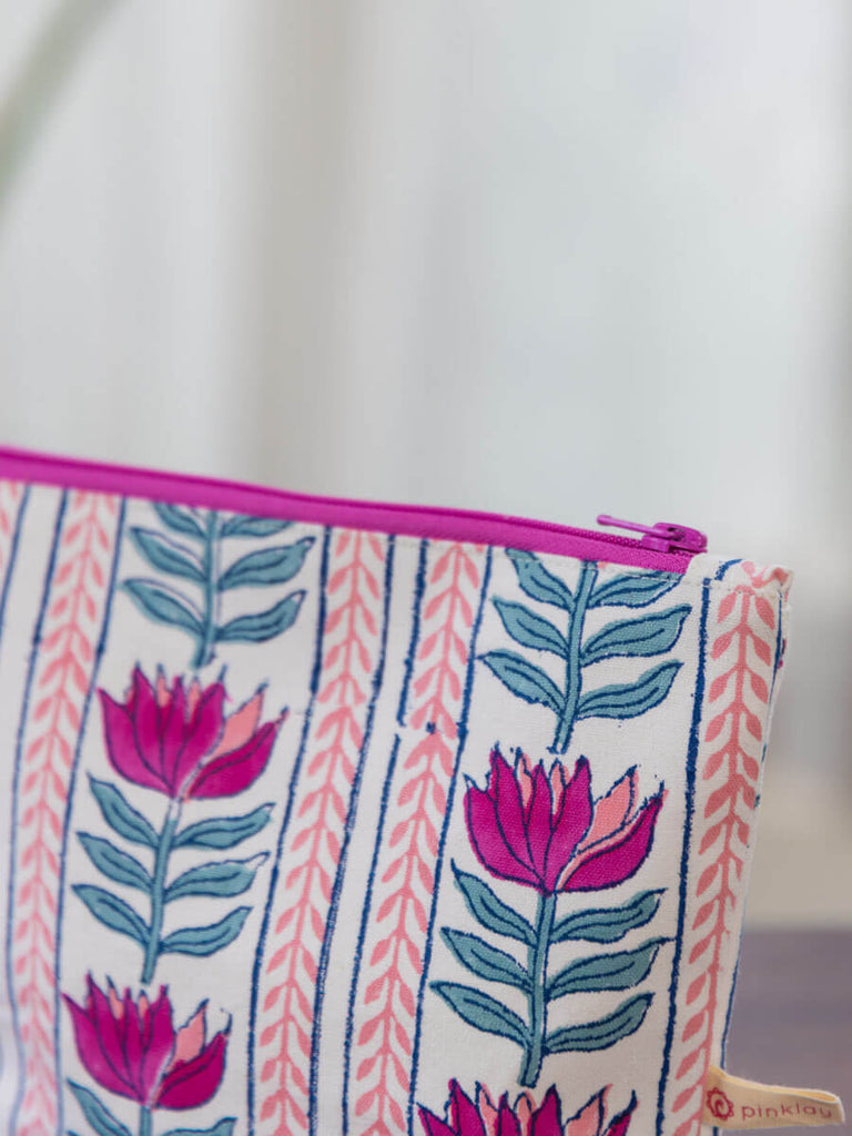 Lotus Love Hand Block Print Cotton Travel Pouch - Pinklay