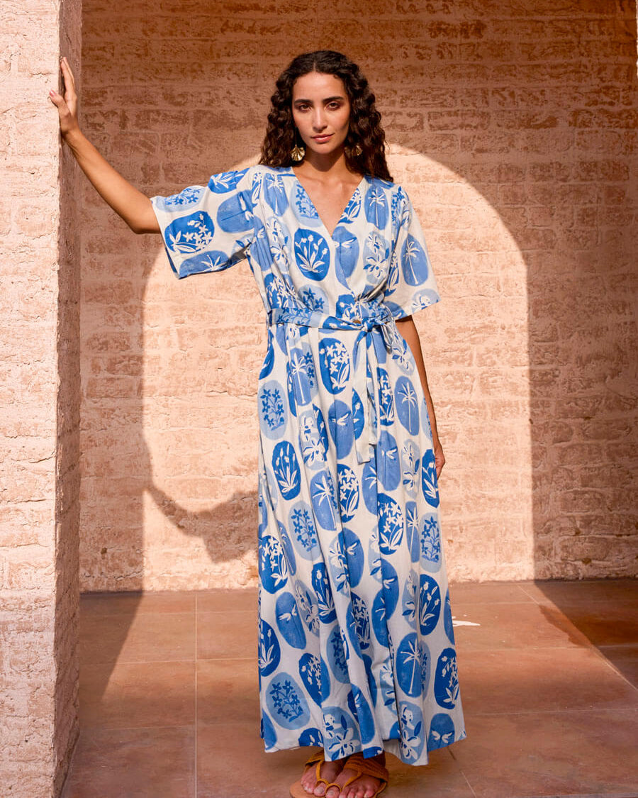 cotton wrap maxi dress Reversible Floral Block Printed Cotton V-Neck Maxi Wrap Dress 30" / Tall (5'7" and above)