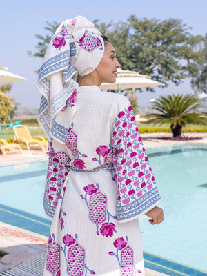 Vriddhi Luxury Block Printed Cotton Bath Robe - Pinklay