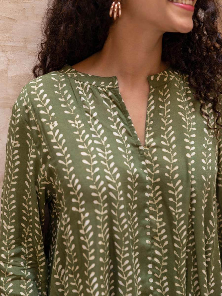 Olive Fern Modal Silk Asymmetrical Top | Pinklay