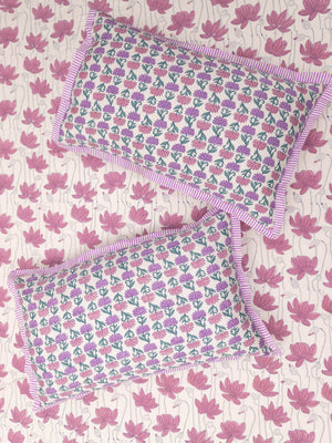 Purple Lotus Block Printed Cotton Bedsheet - Pinklay