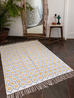 Champa Block Printed Cotton Dhurrie Rug - Pinklay
