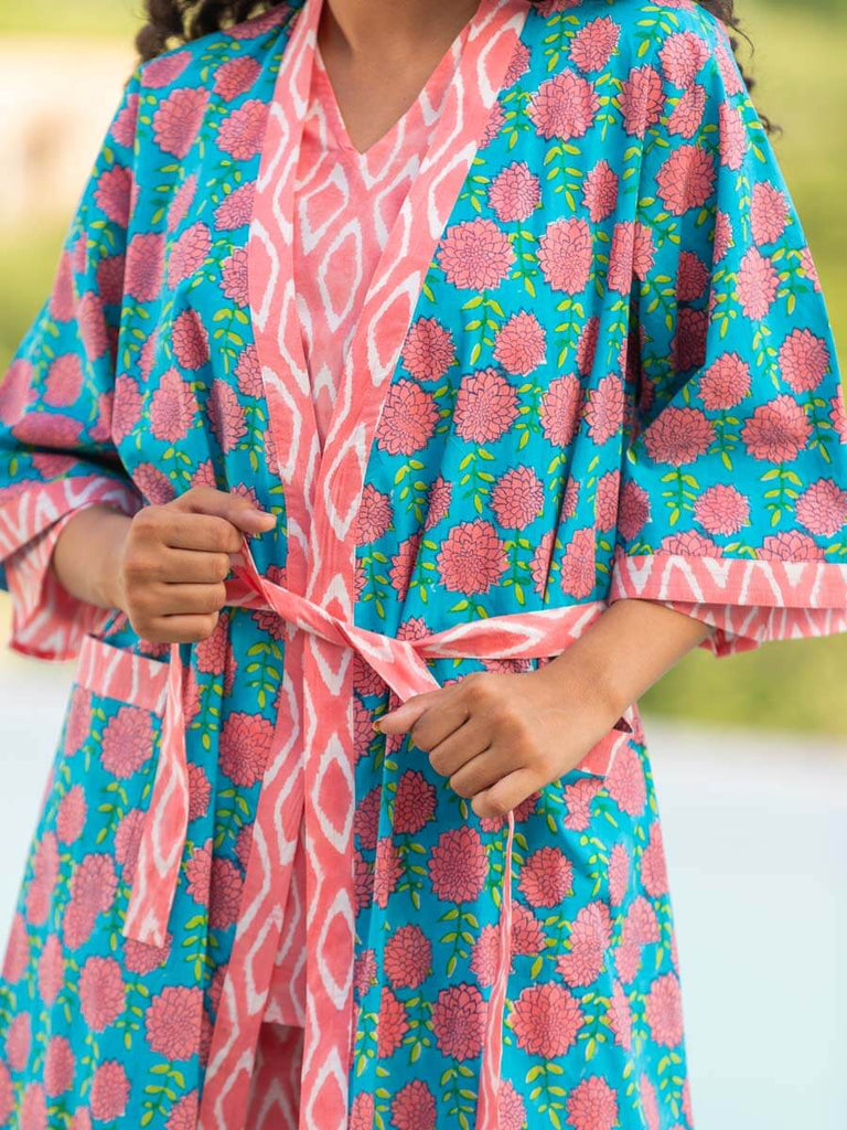 Pink Winter Block Printed Cotton Kimono/Robe - Pinklay