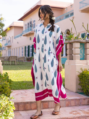 Fresco Slub Hand Block Printed Kaftan Shirt Dress - Pinklay