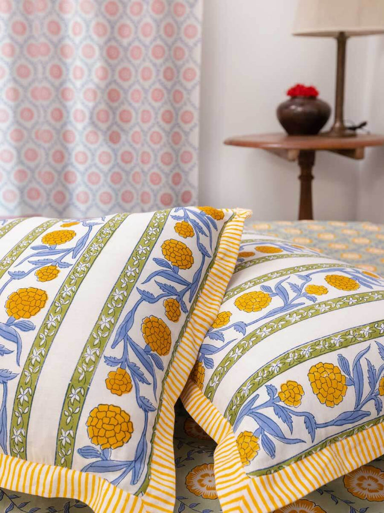 Golden Bloom Hand Block Printed Cotton Bed Sheet | Pinklay