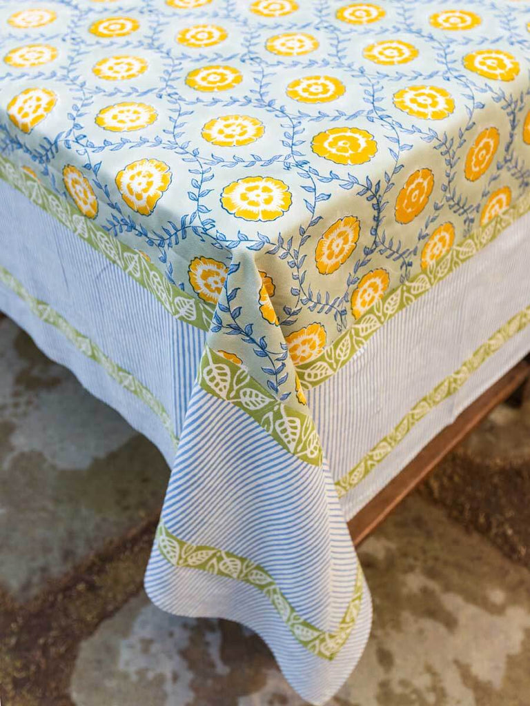 Golden Bloom Block Print Cotton Table Cover - Pinklay