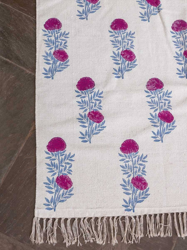 Hibiscus Block Printed Cotton Dhurrie Rug - Pinklay