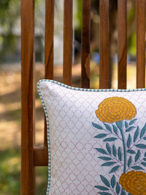 Golden Bloom Block Printed Cotton Cushion Cover - Pinklay
