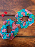 Set of 2 - Floral Turquoise Cotton Scrunchie