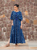 Jheel Indigo Daabu Modal Silk Kaftan Dress - Pinklay