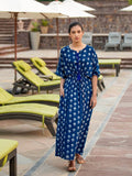 Jheel Indigo Daabu Modal Silk Kaftan Dress - Pinklay