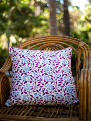 Lavender Bloom Block Printed Cotton Cushion Cover - 20 Inch - Pinklay