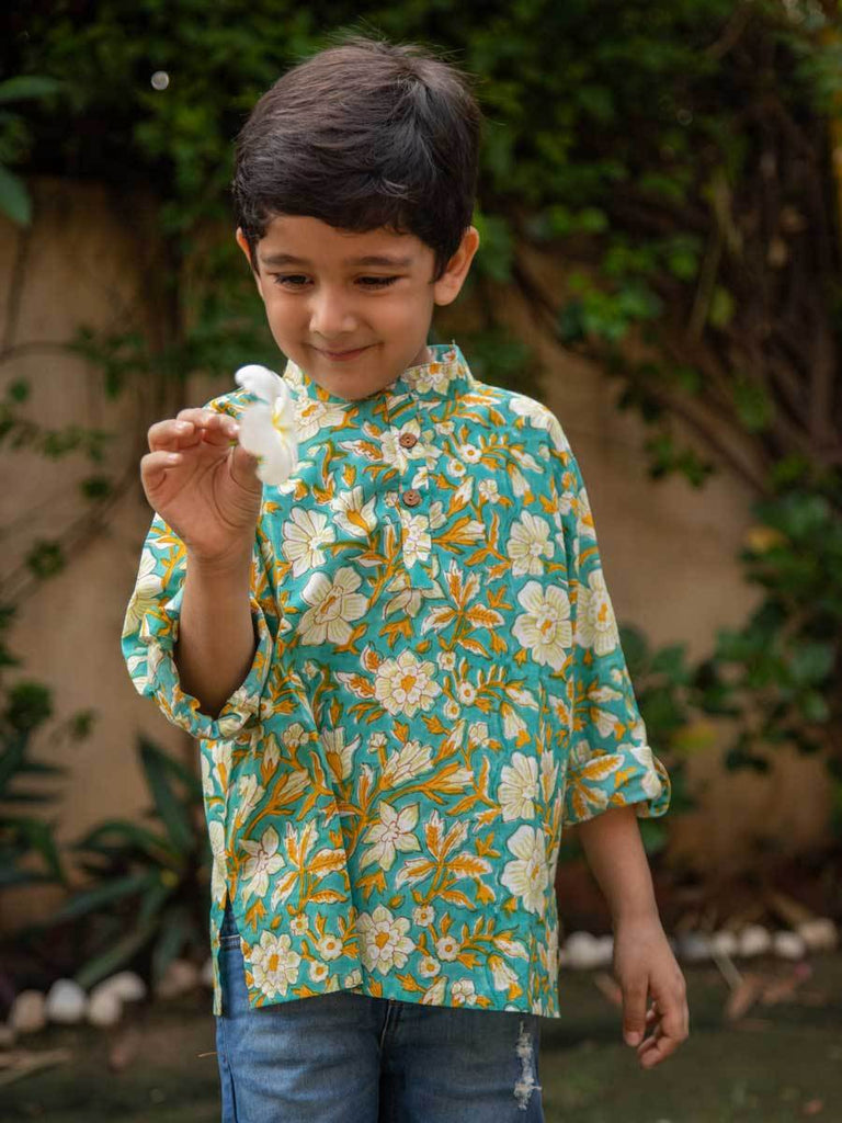 Floral Organic Cotton Shirt Kurta with Roll Up Sleeves