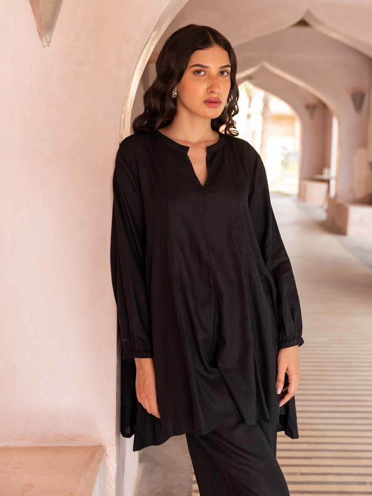 Black Rayon Embroidered Asymmetrical Top | Pinklay