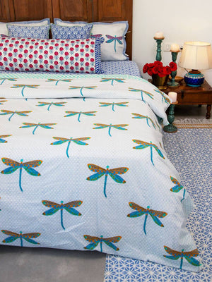 Dragonfly Block Printed Cotton Duvet Cover - Pinklay