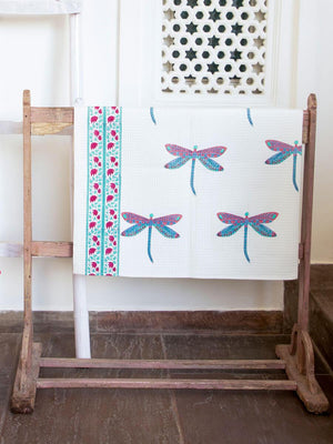 Dragonfly Block Printed Waffle Bath Towel- Pinklay