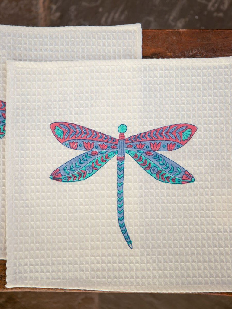 Set of 2 - Dragonfly Block Printed Waffle Face Towels - Pinklay