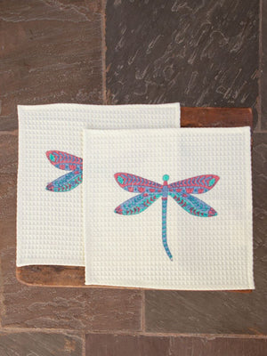 Set of 2 - Dragonfly Block Printed Waffle Face Towels - Pinklay
