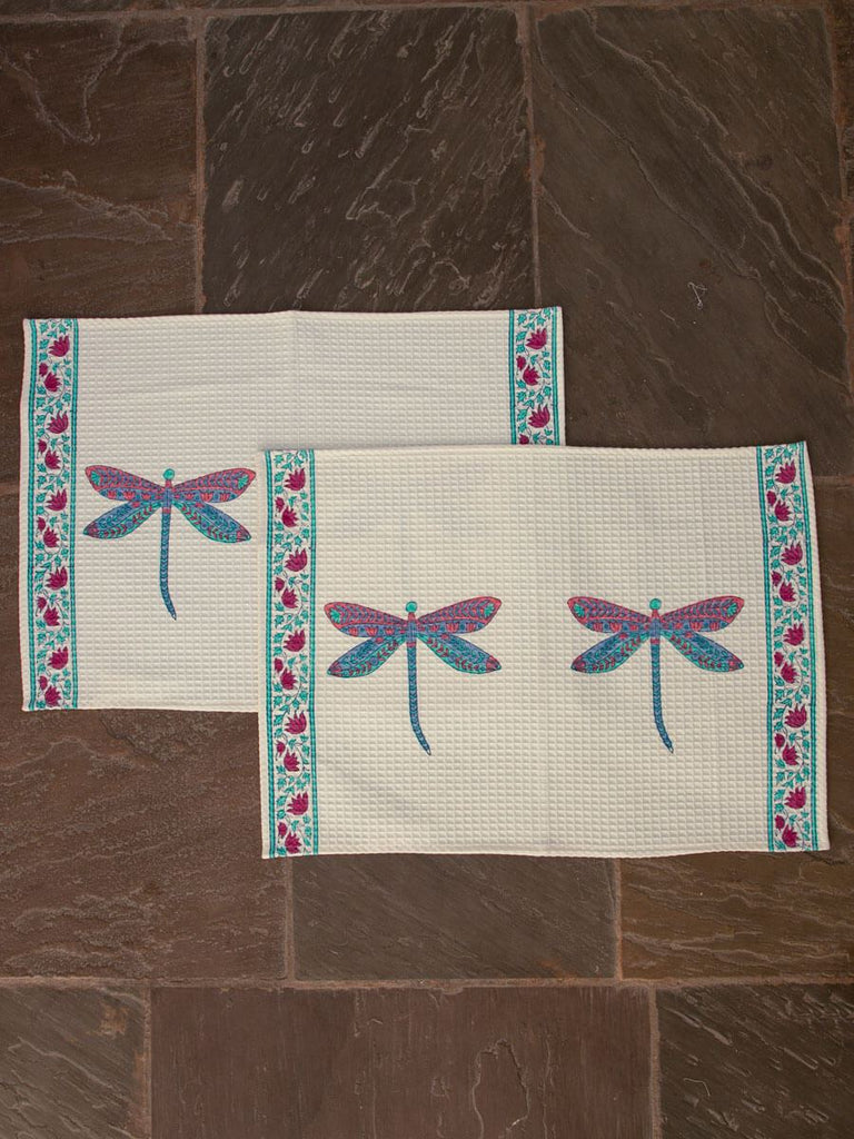 Set of 2 - Dragonfly Block Printed Waffle Hand Towels - Pinklay