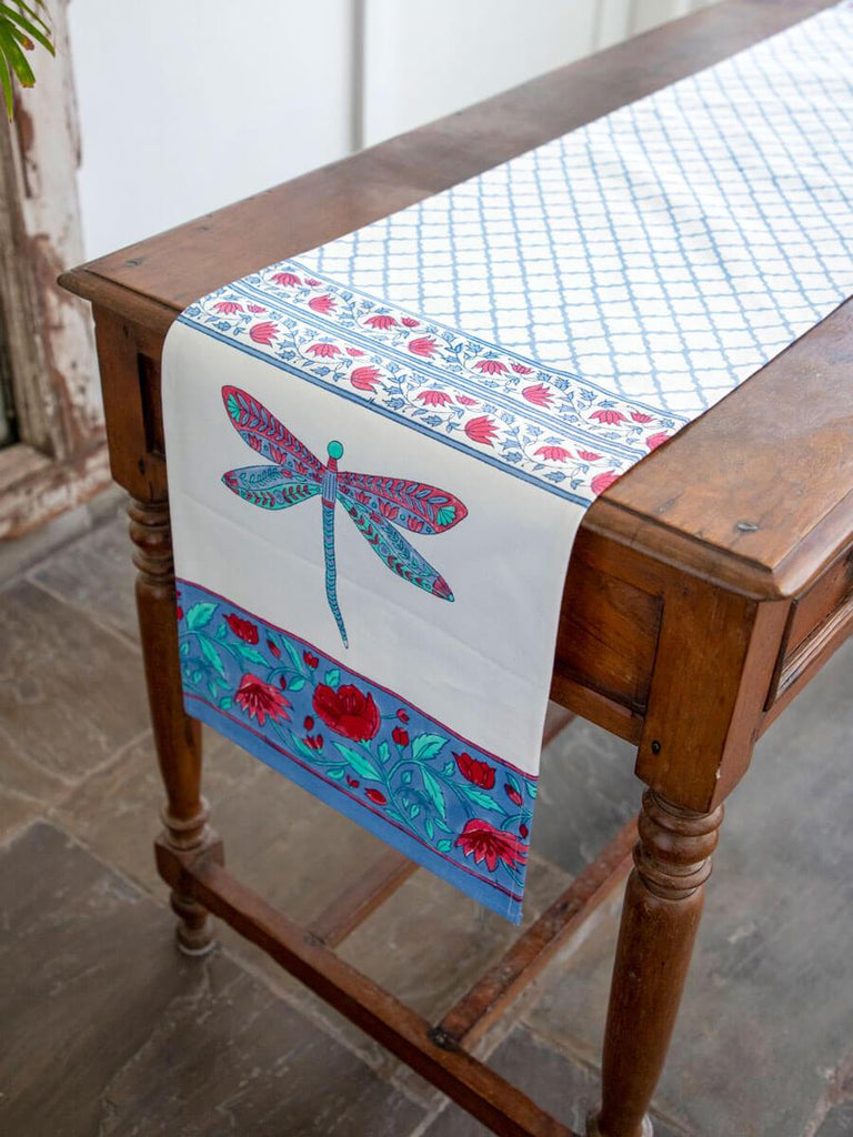 Dragonfly Hand Block Print Cotton Table Runner - Pinklay