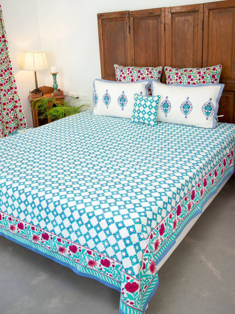 Firoza Block Printed Cotton Bedsheet - Pinklay