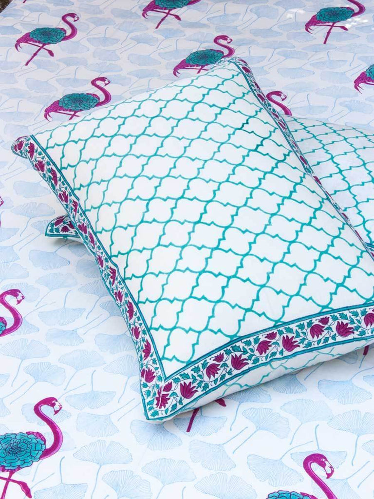 Flamingo Block Printed Cotton Bedsheet - Pinklay