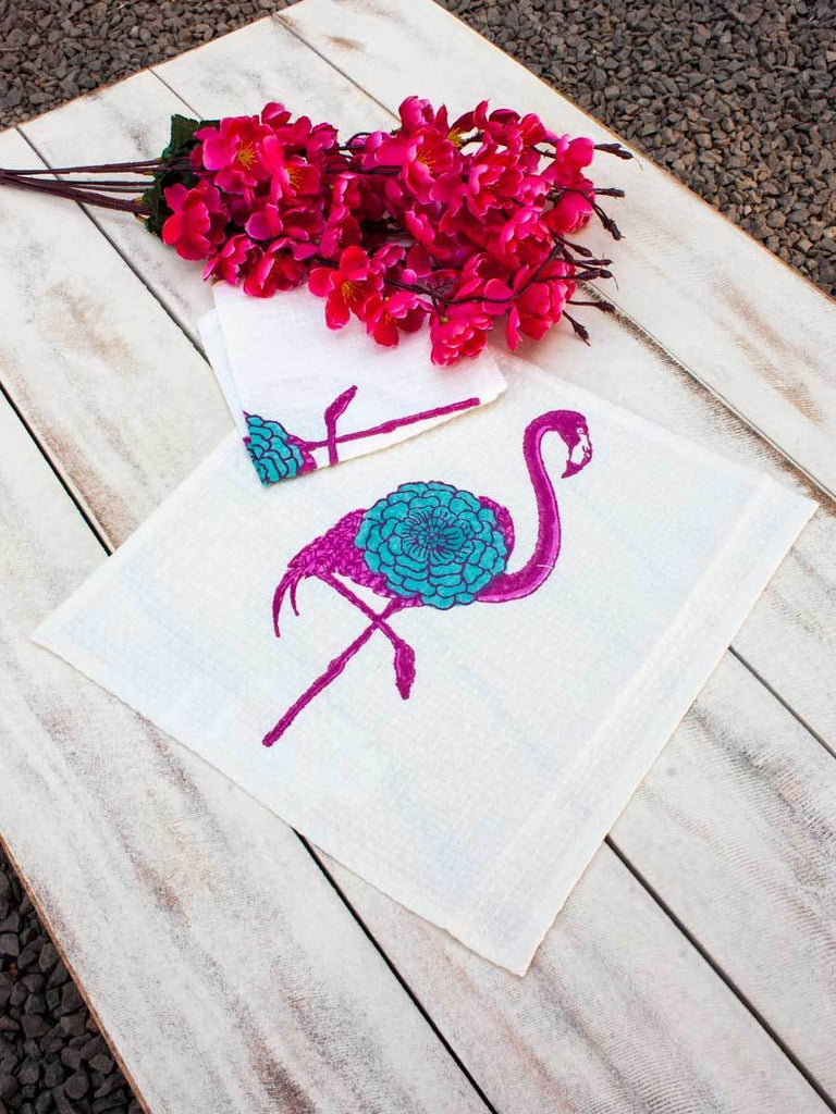Set of 2 - Flamingo Block Printed Waffle Face Towels - Pinklay