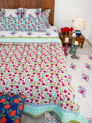 Fruit of Paradise Block Printed Cotton Quilt - Pinklay
