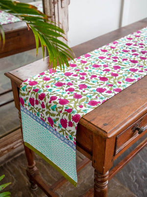 Fruits of Paradise Hand Block Print Cotton Table Runner - Pinklay