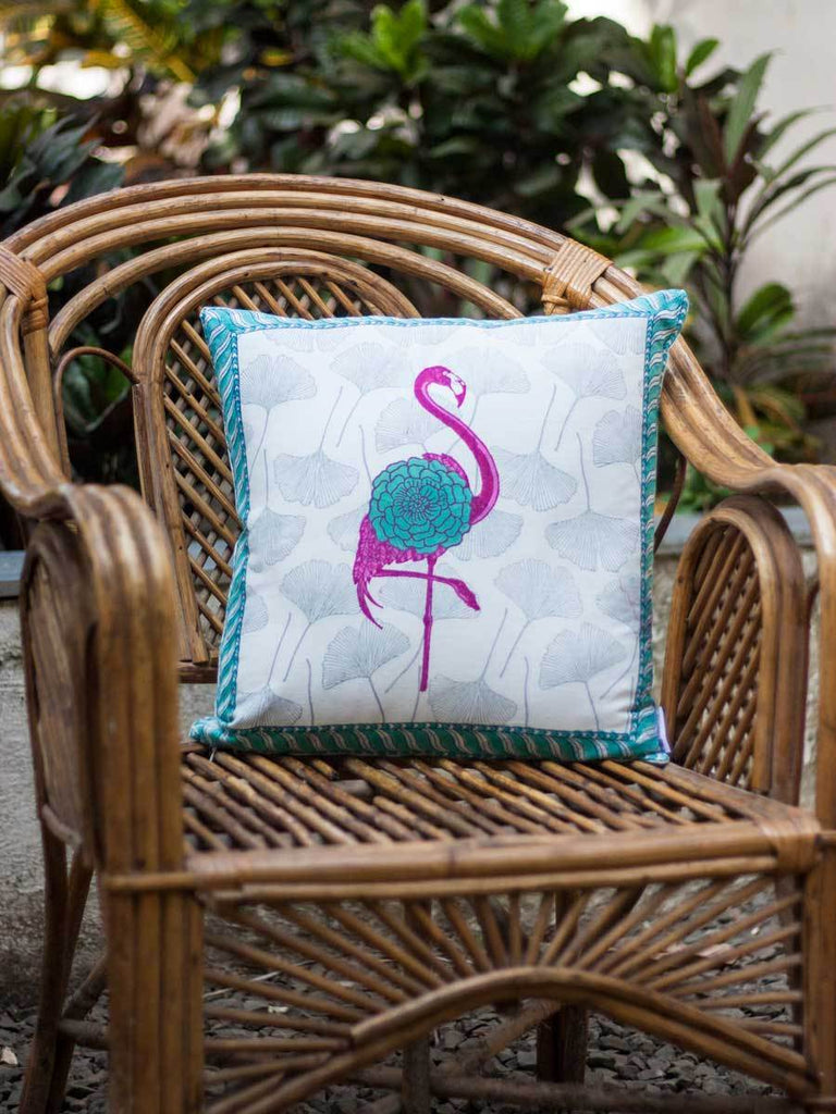 Flamingo Block Printed Cotton Cushion Cover - 16 Inch - Pinklay