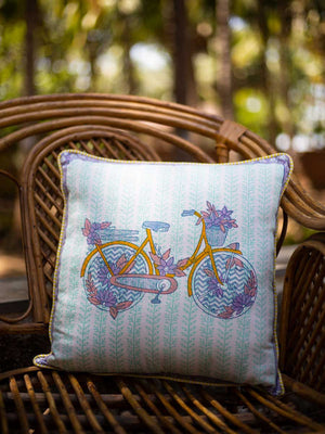 Heavenly Ride Block Printed Cotton Cushion Cover - 16 Inch - Pinklay