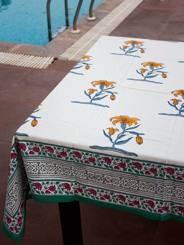 Mustard Floral Hand Block Print Cotton Table Cover Table Cloths