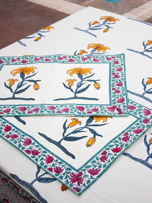 Floral Poetry Hand Block Print Cotton Table Mats - Set of 2 Table Mats Runners Napkins Tea Cozy
