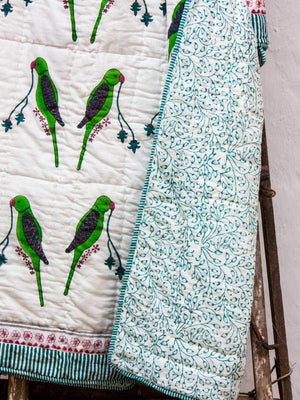 Parrot Block Printed Cotton Quilt - Pinklay