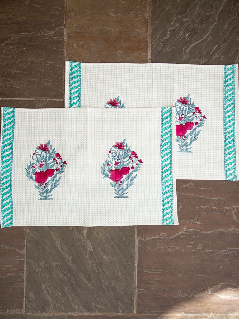 Set of 2 - Pinar Block Printed Waffle Hand Towels - Pinklay
